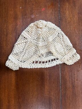 Vintage Hand Crocheted Baby Bonnet Cream Lace Knit Infant Hat Heirloom Style